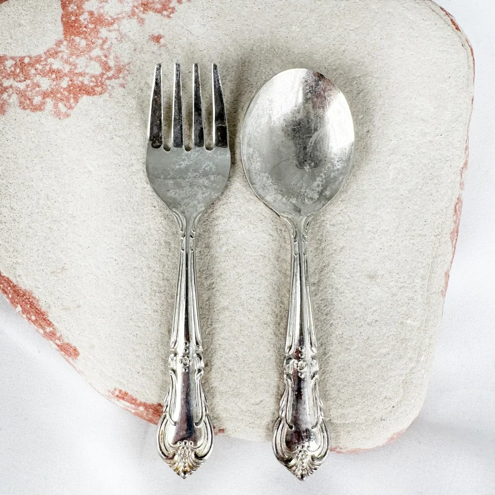 Vintage 4.25 Child Fork Spoon Set Floral Baroque Handle‎ Stainless Japan